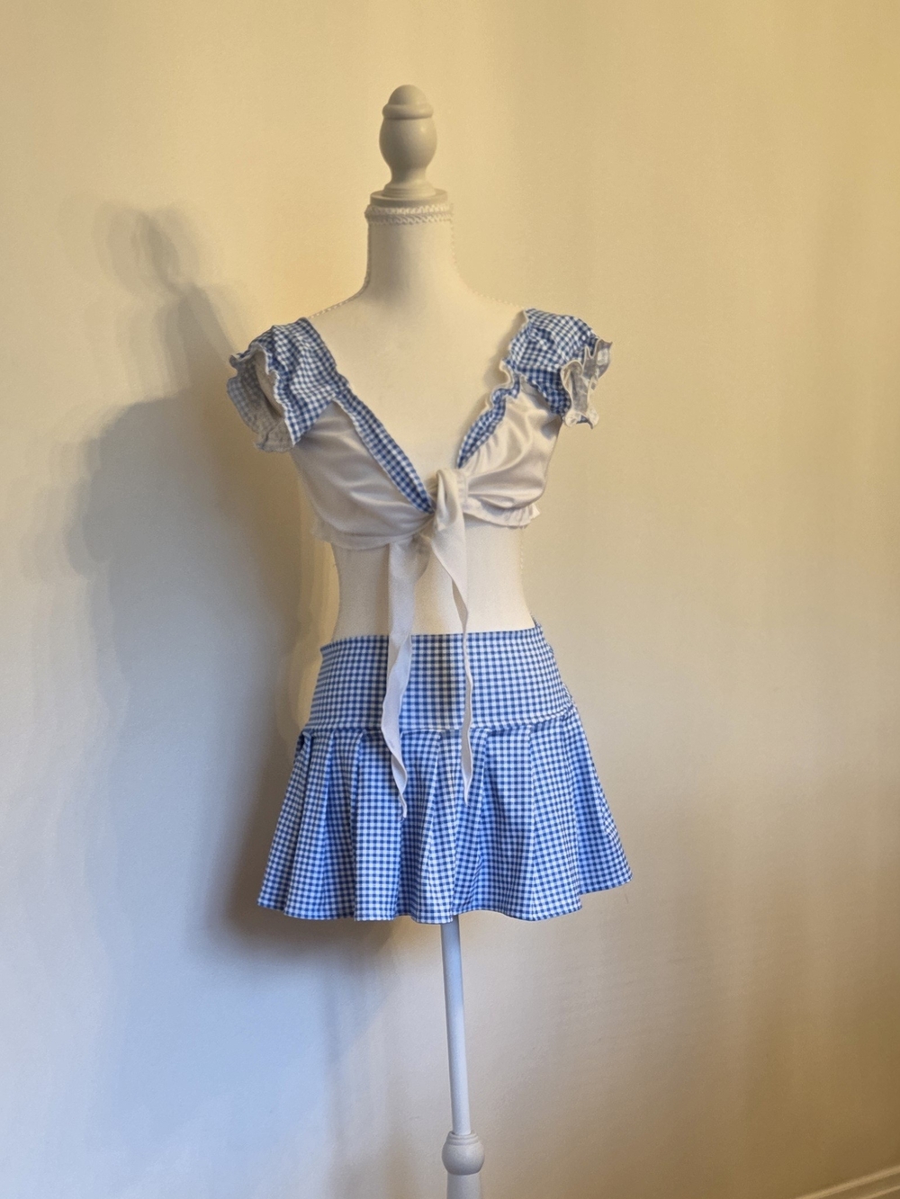 Blue Gingham Tie-Front Mini Skirt Set - Women's Cute Costume For Parties